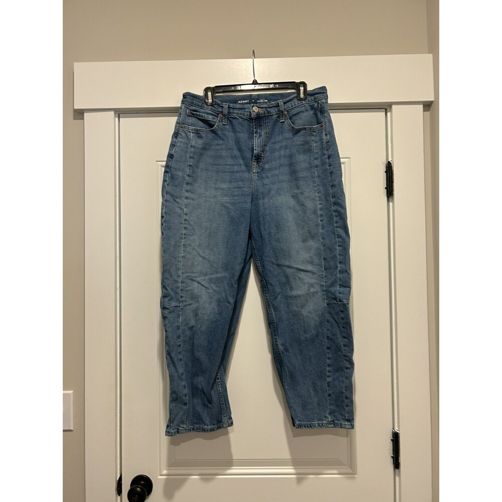 Old Navy Barrel Leg Jeans Womens 14 Blue High Rise Tapered Denim Trendy Med Wash